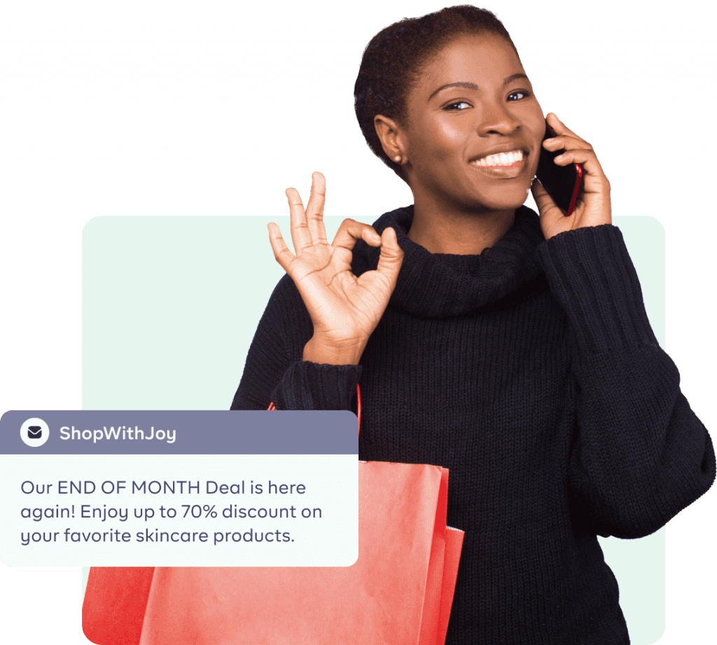 An image of a lady smiling on a call