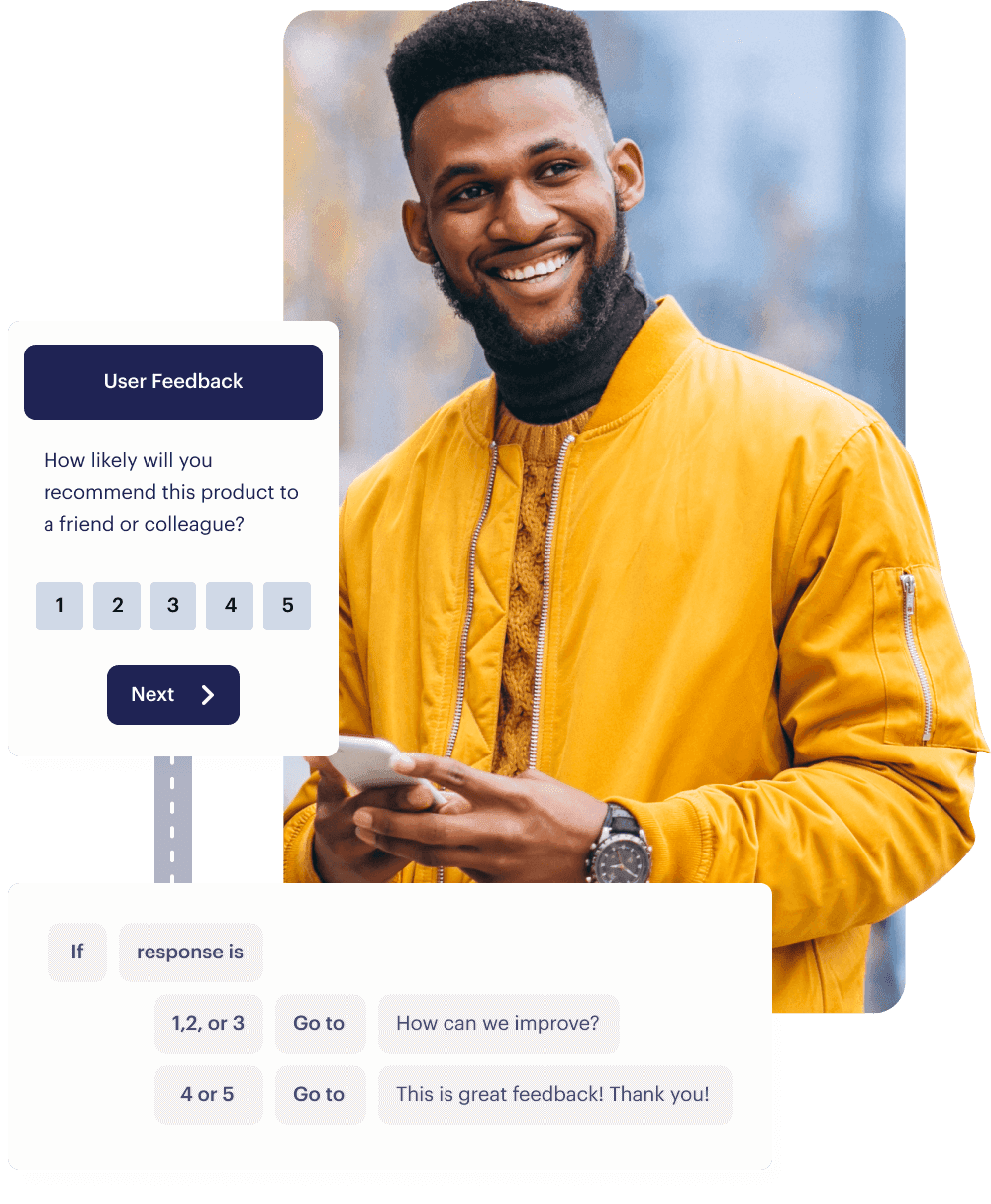 Image of a man on yellow jacket pressing his phone